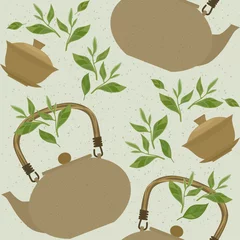 Foto auf gebürstetem Alu-Dibond Tee Nahtloses Muster mit Artikeln für den traditionellen chinesischen Tee, der Pin Cha trinkt. Der Wasserkocher, Gaiwan und die grünen Teeblätter.