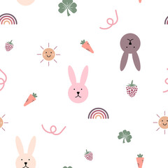 Cute rabbits with carrot, sun, leaf and rainbow seamless pattern. Seamless pattern for wallpapers, Web page background. Cartoon style seamless pattern.