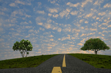 Long road on green hill with morning sky