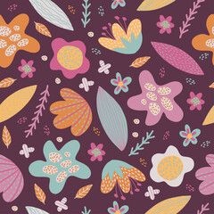 Seamless vector pattern with flowers and leaves in autumn colors. Perfect for fabric or textile. Colorful background.