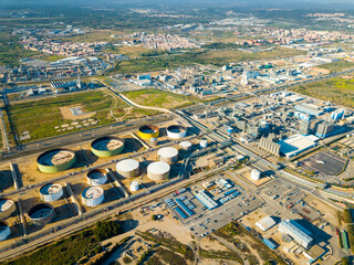 Aerial view of chemical factory buildings near Salou city, Spain