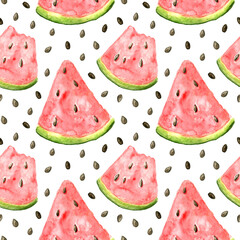 Cute watercolor seamless pattern with watermelon pieces and seeds isolated on the white background.Bright watercolor sketch of watermelon.Template wrapping paper, the backdrop of postcards and cards. 