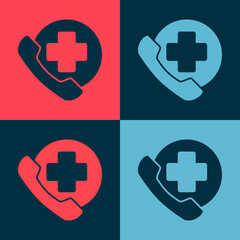 Pop art Emergency phone call to hospital icon isolated on color background. Vector Illustration.