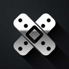 Silver Crossed bandage plaster icon isolated on black background. Medical plaster, adhesive bandage, flexible fabric bandage. Long shadow style. Vector Illustration.