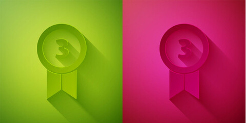 Paper cut Medal icon isolated on green and pink background. Winner achievement sign. Award medal. Paper art style. Vector Illustration.