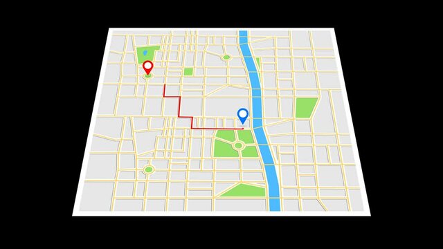 Navigation map with two checkpoints icons. Creating two routes - Traveling city concept. Animation of an app screen at black background.