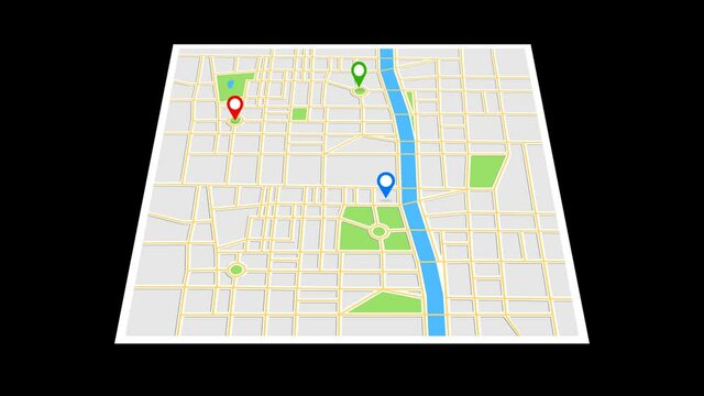 Navigation map with several checkpoints icons. Traveling city concept. Animation of an app screen at black background.