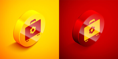 Isometric Toolbox icon isolated on orange and red background. Tool box sign. Circle button. Vector Illustration.