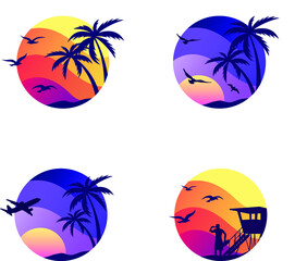 Four Vector Graphics with sunset, birds, lifeguard, palms and plane | Travel Composition - obrazy, fototapety, plakaty