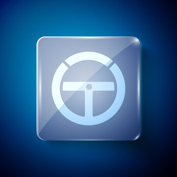 White Steering wheel icon isolated on blue background. Car wheel icon. Square glass panels. Vector Illustration.
