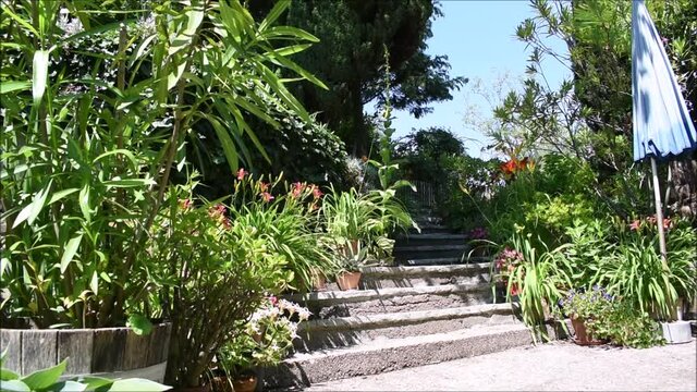 Gartentreppe, Stiege im Garten, mediterranes Gartendesign und s&uuml;dliche Gartengestaltung mit Blumen und Treppe