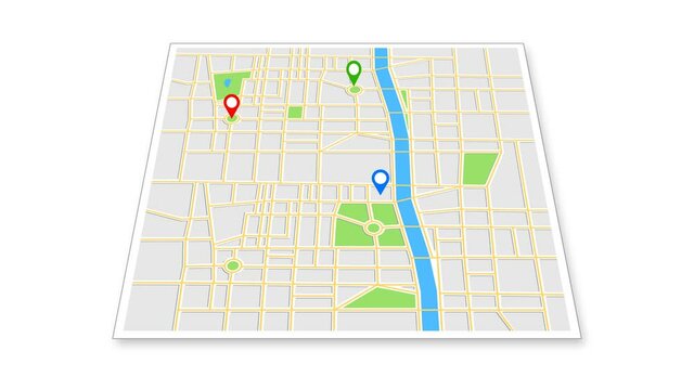 Navigation map with several checkpoints icons. Traveling city concept. Animation of an app screen at white background.