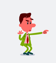 Surprised businessman points to something in isolated vector illustration
