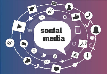 Colorful banner with flat social media icons. Social media concept. Chat icon in the middle and around
 small round and square icons. Vector illustration