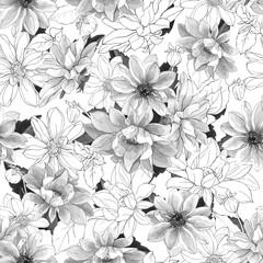 Monochrome seamless floral pattern with dahlias. Black and white flowers on white background. For textile, wallpapers, print, web pages. Vector illustration. Vintage style.