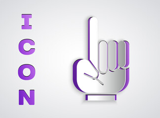 Paper cut Number 1 one fan hand glove with finger raised icon isolated on grey background. Symbol of team support in competitions. Paper art style. Vector Illustration.