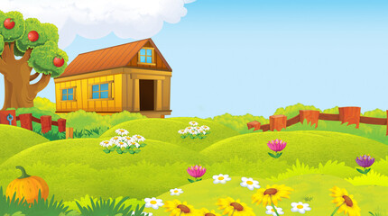 Fototapeta premium cartoon scene with farm animal on ranch farm having fun illustration