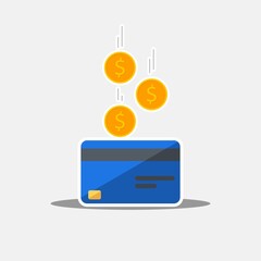 Cash get a bank card Blue - White Stroke+Shadow icon vector isolated. Cashback service and online money refund. Concept of transfer money, e-commerce, saving account.