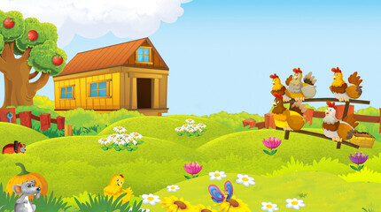 cartoon scene with farm animal on ranch farm having fun illustration