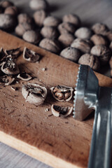 Close up shot of broken walnut shell on wooden plate and metal hammer on the table.
