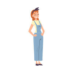Smiling Young Woman Wearing Jeans Overalls Cartoon Style Vector Illustration on White Background