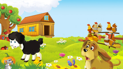 cartoon scene with farm animal on ranch farm having fun illustration