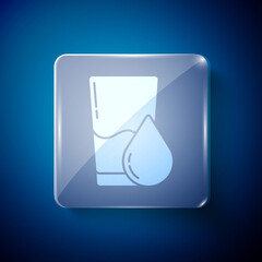 White Glass with water icon isolated on blue background. Soda glass. Square glass panels. Vector Illustration.