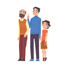 Obraz premium Happy Family, Grandpa and his Son and Little Grandson Standing Together Cartoon Style Vector Illustration on White Background