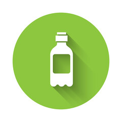 White Bottle of water icon isolated with long shadow. Soda aqua drink sign. Green circle button. Vector Illustration.