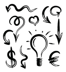 Grunge doodle set of arrows, dollar, euro, heart and light bulb