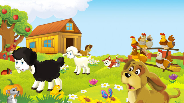 cartoon scene with farm animal on ranch farm having fun illustration
