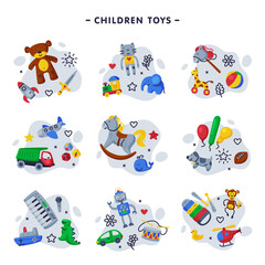 Children Toys Set, Various Objects for Kids Game Cartoon Vector Illustration