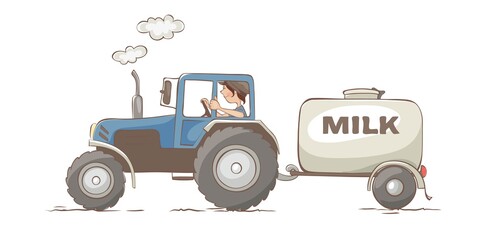 Cheerful farmer carries milk. Vector illustration, blue tractor with barrel trailer, cheerful girl tractor driver