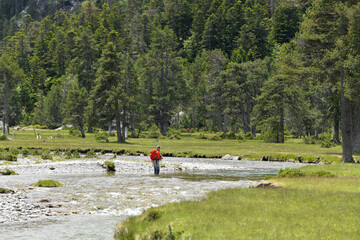 superb high mountain landscape in summer with a fly fisherman trout fishing