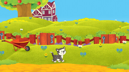 cartoon scene with animal on ranch farm having fun illustration