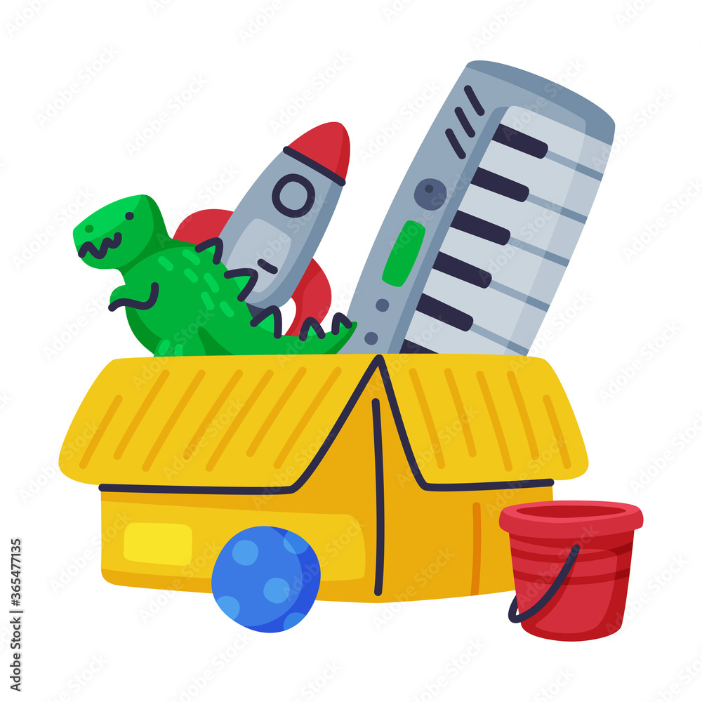 Sticker Cardboard Box of Baby Toys, Rocket, Dinosaur, Piano, Ball Cute Objects for Kids Development and Entertainment Cartoon Vector Illustration on White Background