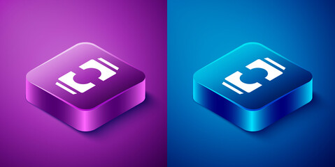 Isometric Beer can icon isolated on blue and purple background. Square button. Vector Illustration.