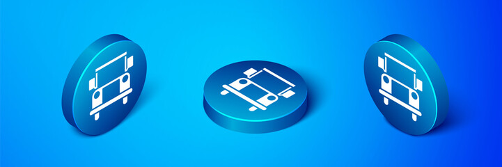 Isometric School Bus icon isolated on blue background. Public transportation symbol. Blue circle button. Vector Illustration.