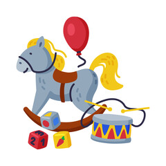 Baby Toys Set, Rocking Horse, Drum, Cubes, Balloon Cute Colorful Objects for Kids Development and Entertainment Cartoon Vector Illustration on White Background