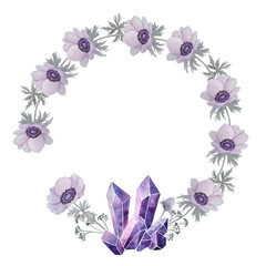 Watercolor hand drawn circle round frame illustration of violet purple lavender gemstone crystals precious semiprecious minerals with anemone flowers and grey leaves. Occult witchcraft concept. Boho