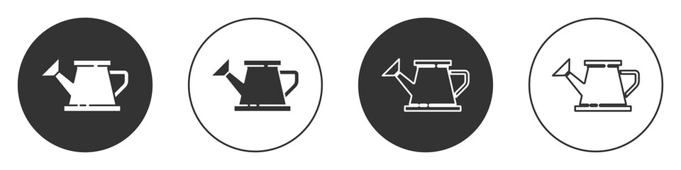 Black Watering can icon isolated on white background. Irrigation symbol. Circle button. Vector Illustration.