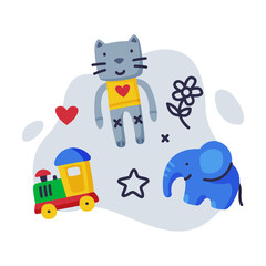 Cute Cat, Elephant and Train Baby Toys Set, Kids Game Various Objects Cartoon Vector Illustration