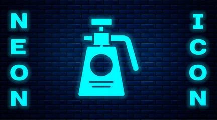 Glowing neon Garden sprayer for water, fertilizer, chemicals icon isolated on brick wall background. Vector Illustration.