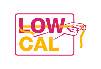 Low cal stamp for packaging of low calories diet food products -  frame with measuring tape and hand