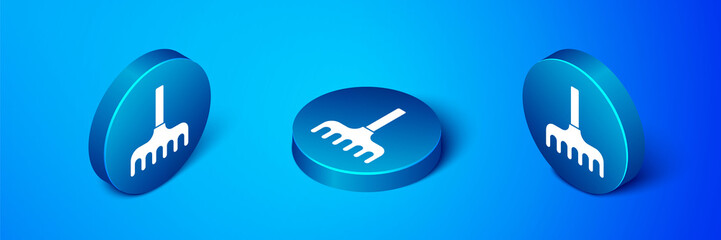 Isometric Garden rake icon isolated on blue background. Tool for horticulture, agriculture, farming. Ground cultivator. Blue circle button. Vector Illustration.