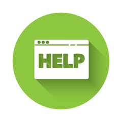 White Browser help icon isolated with long shadow. Internet communication protocol. Green circle button. Vector Illustration.