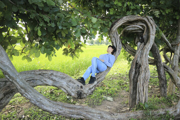 Female tourists sleeping on the vine.