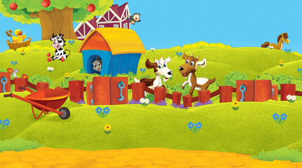 Fototapeta premium cartoon scene with animal on ranch farm having fun illustration
