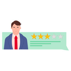 Feedback speech bubble man with three stars rating vector illustration cartoon flat design