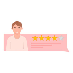 Feedback speech bubble boy with four stars rating vector illustration cartoon flat design